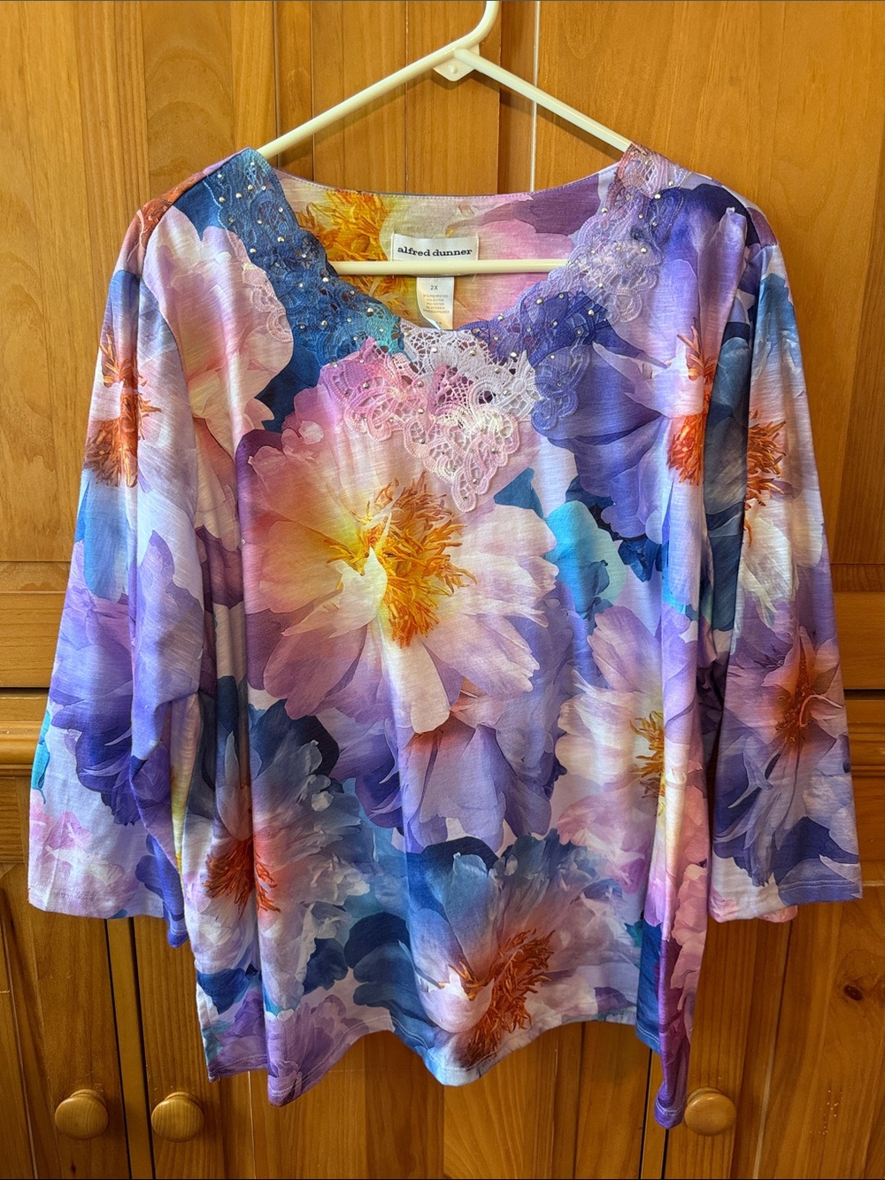 Alfred Dunner Lavender Floral Lace-Trim Long Sleeve Top
